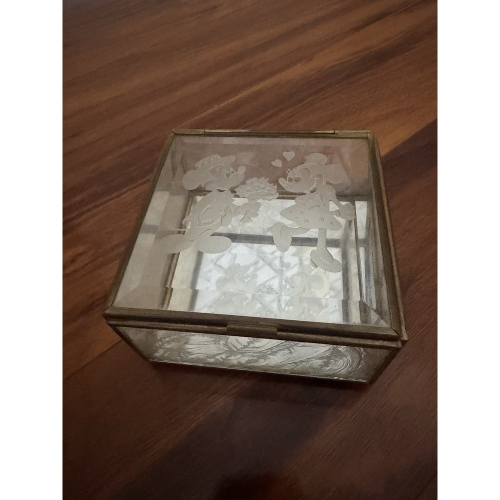Vintage 1980s Disney Mickey Minnie Etched Glass Brass Jewelry Trinket Box